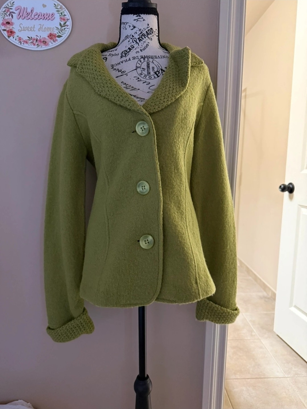 David Brooks Light Olive Green Wool Sweater Jacket